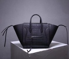 Celine Boston Leather Tote Handbag Black Croco