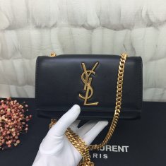 YSL Small Chain Leather Bag 17cm Black Gold