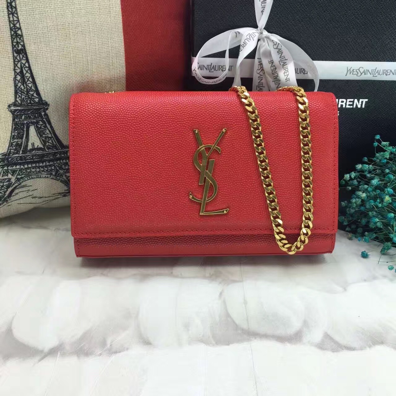 YSL Caviar Leather Chain Bag 22cm Red Gold [YSL2017-1434] - $216.50 ...