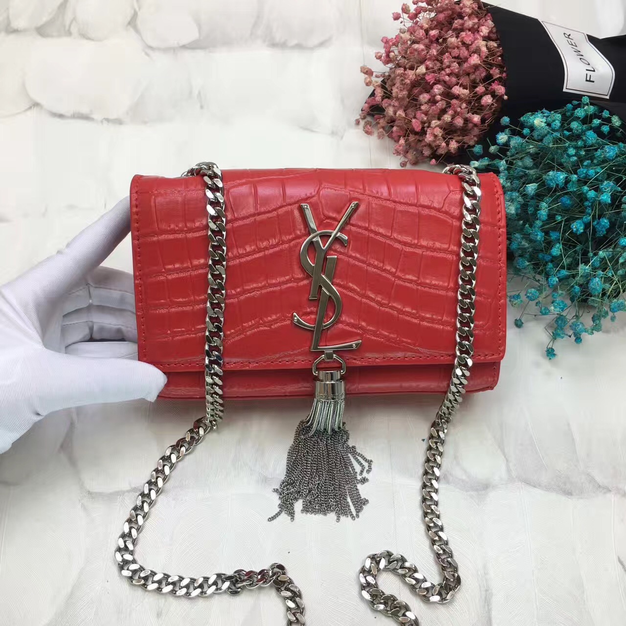 YSL Tassel Chain Bag 17cm Croco Red Silver [YSL2017-1798] - $216.50 ...