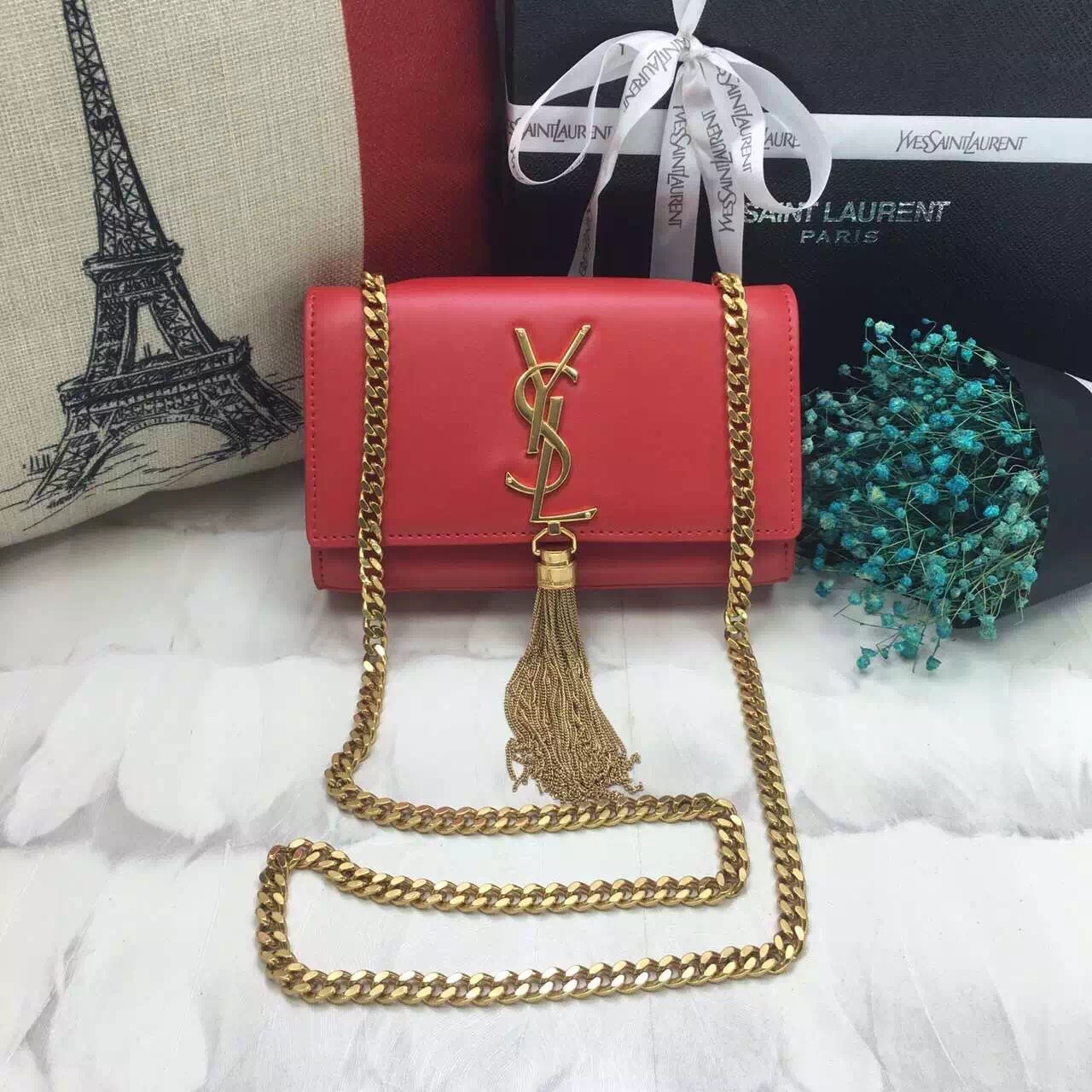 YSL Small Tassel Chain Leather Bag 17cm Red Gold [YSL2017-1474] - $206. ...